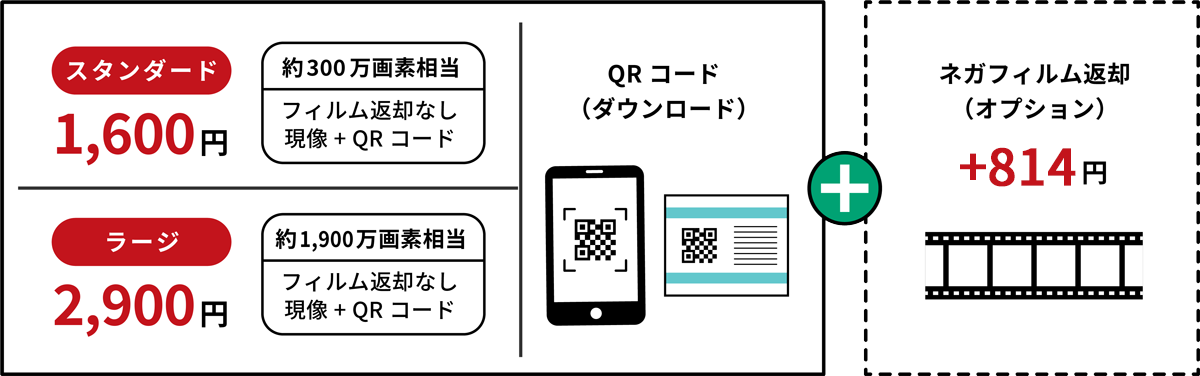 スタンダードの場合：1,600円で約300万画素相当。ラージの場合：2,900円で約1,900万画素相当。スタンダード・ラージ共にフィルム返却なし、現像+QRコード+ネガフィルム返却（オプション：+682円）